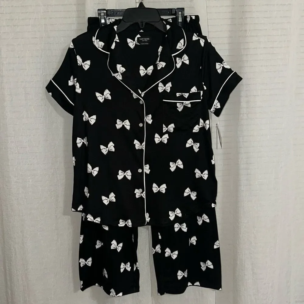 kate spade S Black White Bow Tie Notched Collar Short Sleeve Top Pants PJ Set